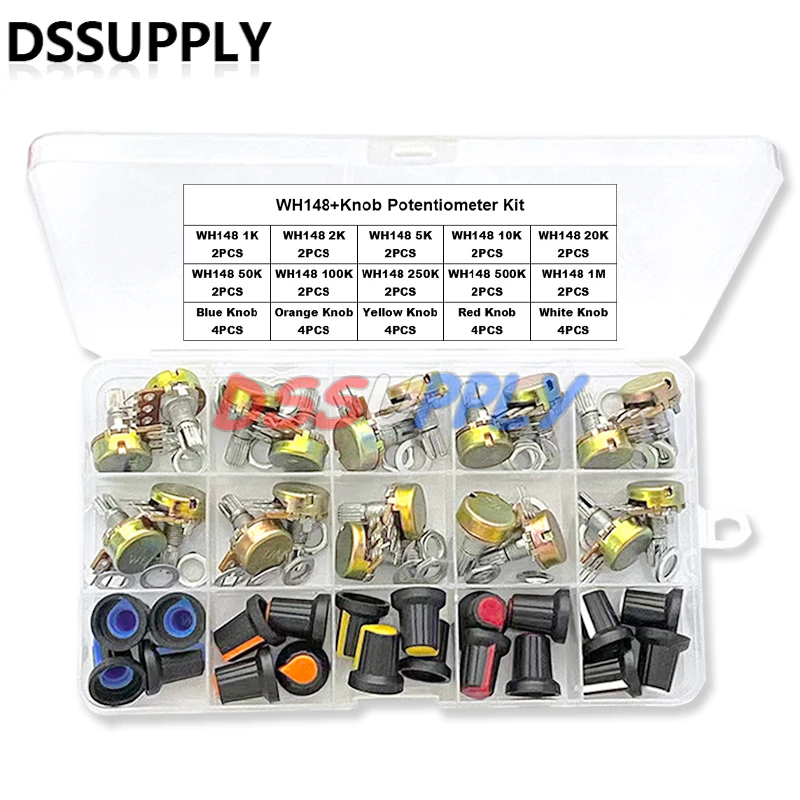

20 комплектов WH148 15 мм одинарный потенциометр Kit B1K B2K B5K 10K/20K/50K/100K/250K/500K/1M, с белыми, синими, желтыми, оранжевыми, красными ручками