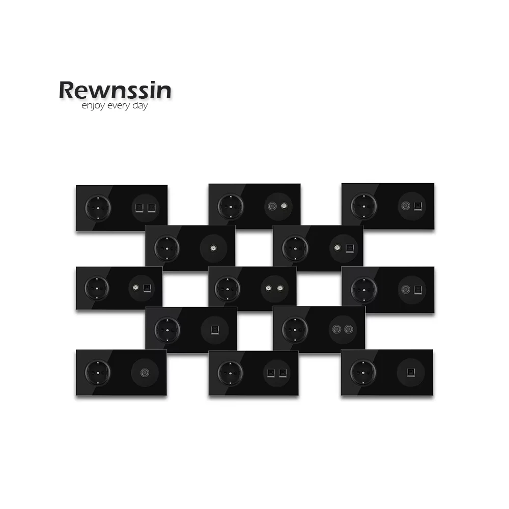 

Розетка настенная из черного стекла 172x86 мм, сетевая, для подключения к компьютеру, спутниковой антенне, ТВ, телефону, RJ45 Cat5e