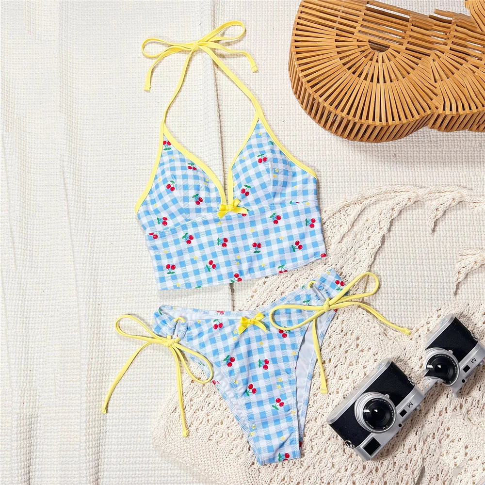 

Cherry Print Blue Plaid Swimwear Halter String Sexy Bikinis Sets Micro Thong Swimsuit Woman 2026 Cute Bow Swimming Suit Bikini