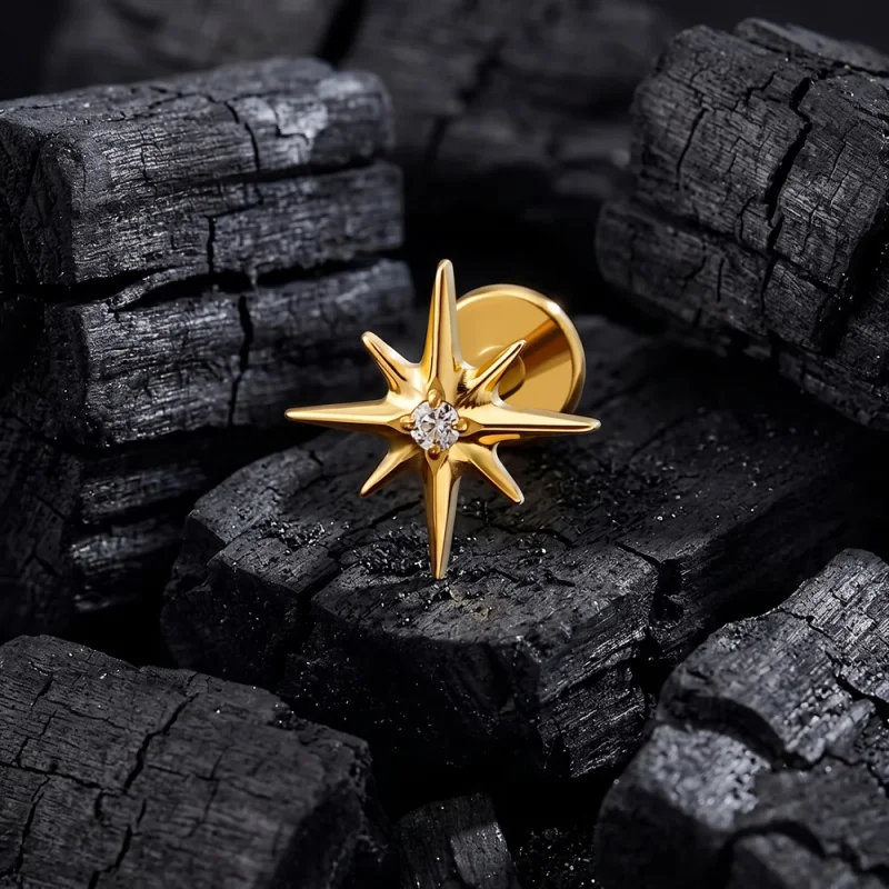 ASTM F136 Titanium CZ North Star Flat Back Earring 16G Tiny Starburst Helix Cartilage Stud Earlobe Piercing Jewelry