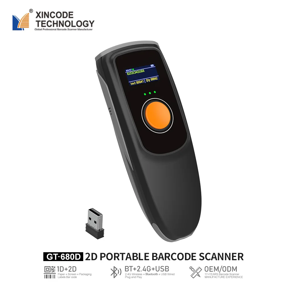 Xincode Mini Qr Code Scanners Pocket Wireless Barcode Reader Portable Scanner Gun Scan 1D 2D Barcode Scanner Inventory GT-680D