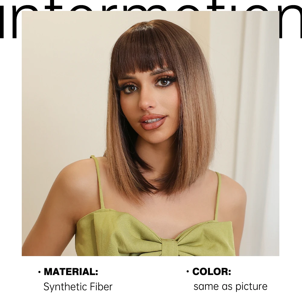 Ombre Chestnut Brown Short Bob Wig with Bangs Synthetic Straight Cosplay Daily Hair Wigs for Black Women Heat Resistant Fibre