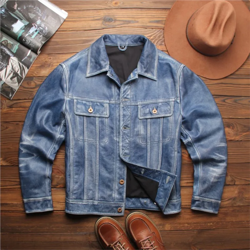 

Stone-milled hand-polished leather men's cowhide lapel casual