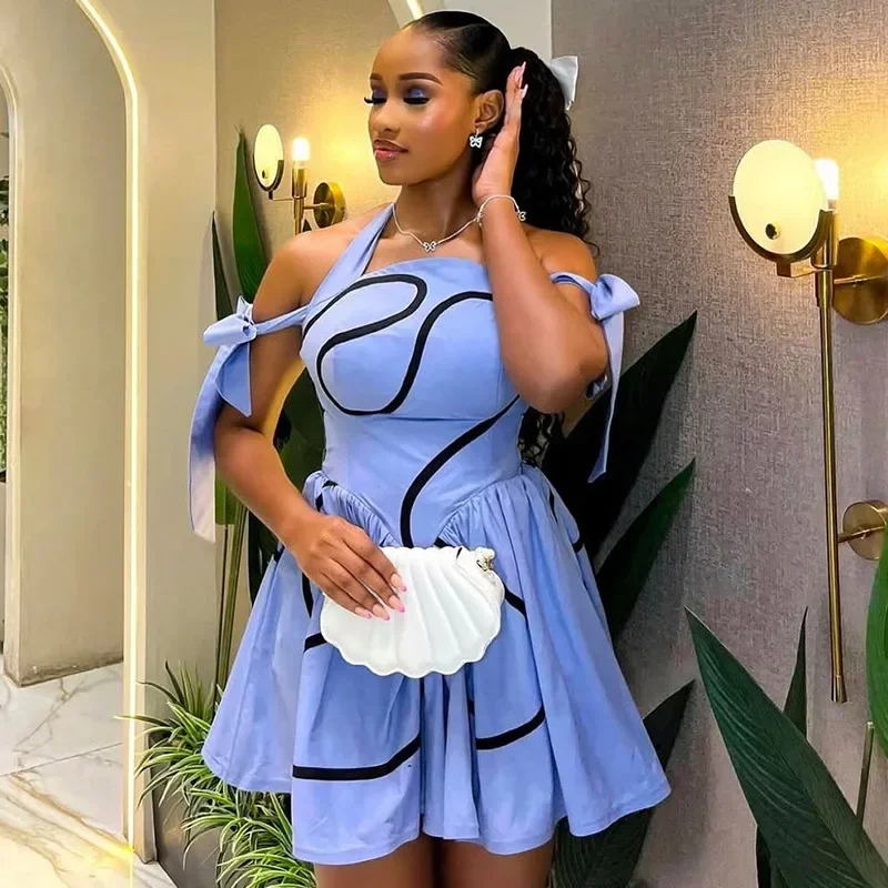 Summer Women's Bowknot Halter Neck Swing Dress Geometric Striped Big Size Streetwear for Night Club Party 2025