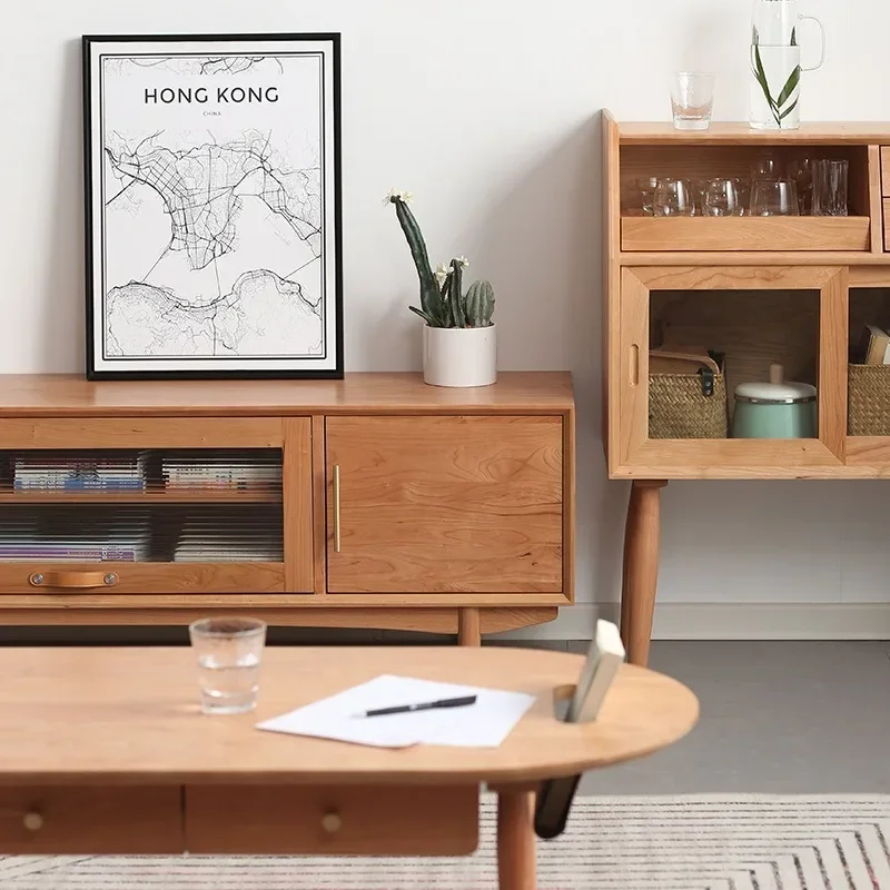 Cherry wood TV cabinet, Nordic Japanese-style solid wood upturn door, glass audio-visual cabinet, modern simple furniture