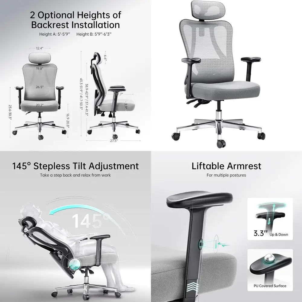 

Эргономичное офисное кресло с регулируемой поясничной опорой, подголовником, подлокотниками, 145 ° Tilt, серый (без подставки для ног)