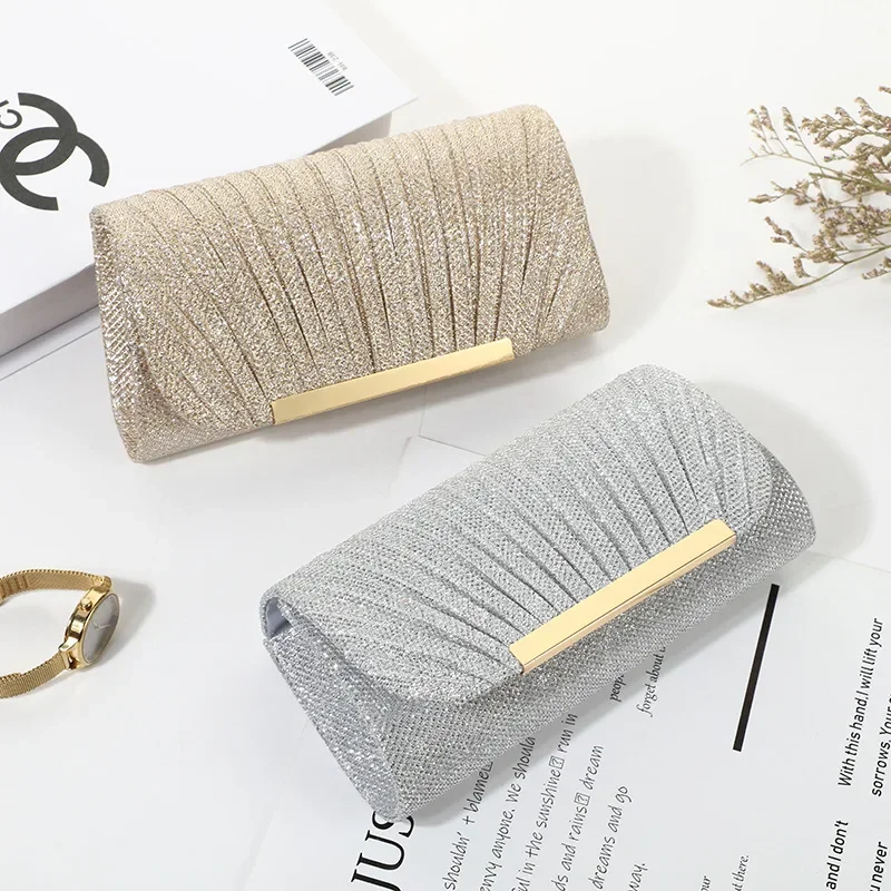 SHIYUN Elegant Pleated Evening Clutch Bag,Detachable Chain Strap, Sparkly Handheld Purse Suitable for Banquets,Wedding Shoulder