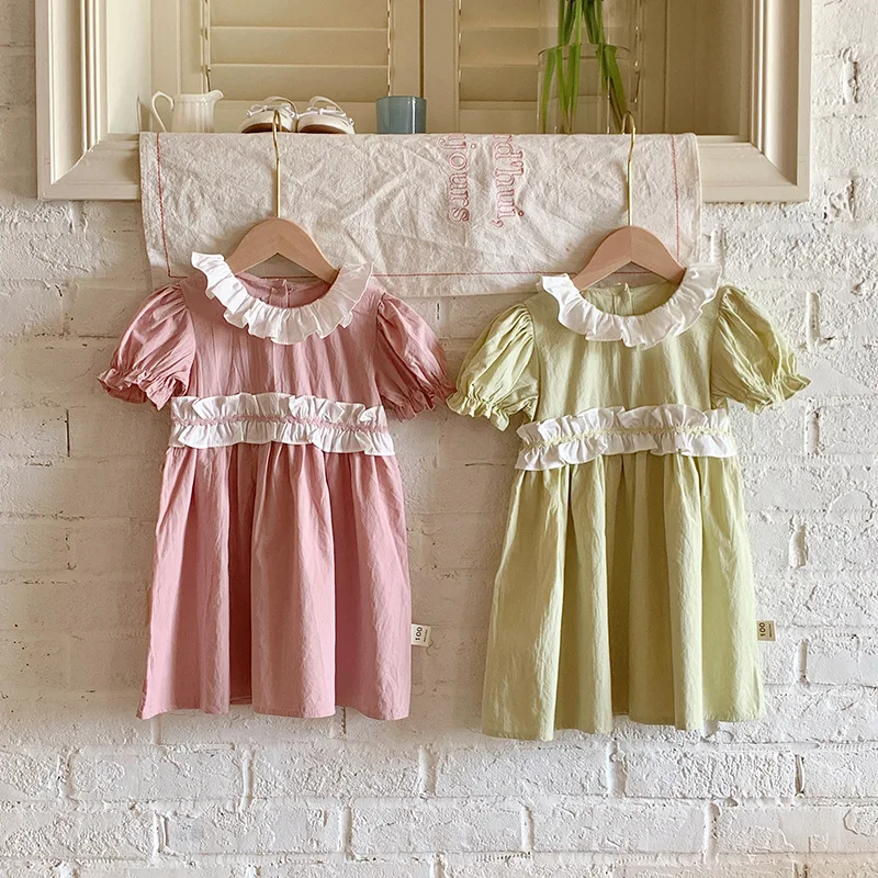 Lotus Collar Contrasting Lace Short Sleeved Girls' Dress Summer Korean Children's Clothing Sweet Children's Princess Dress