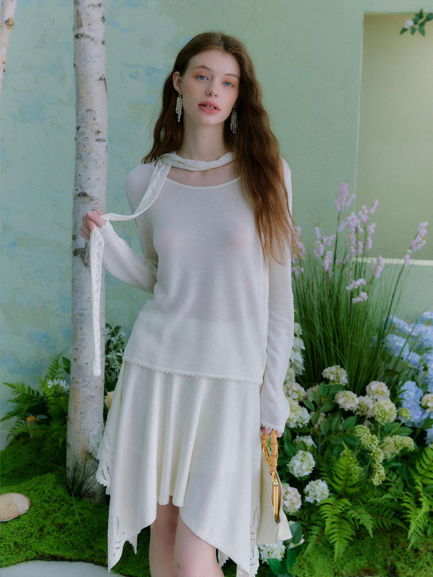 

Oz "Flower Shadow Hollow" Knitted Set Women's Sash Necklace Two-Piece Set Spring Fashion Loose Fit Long Sleeve