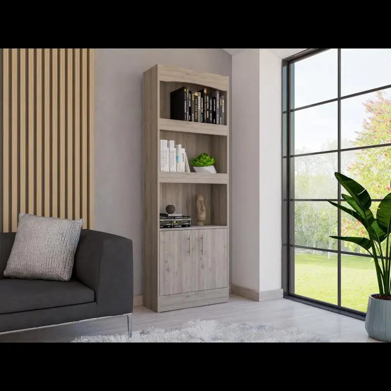 

Light Gray Bookcase with 3 Shelves and Double Door Cabinet, Metal Hardware for Modern Storage Solutions
