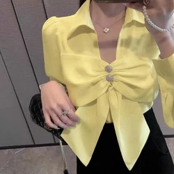 Bow Patchwork Shirt Tops Women's Long Sleeve Spring New Solid Color V Neck Loose All-match Korean Blouse Fashion Sweet Clothing