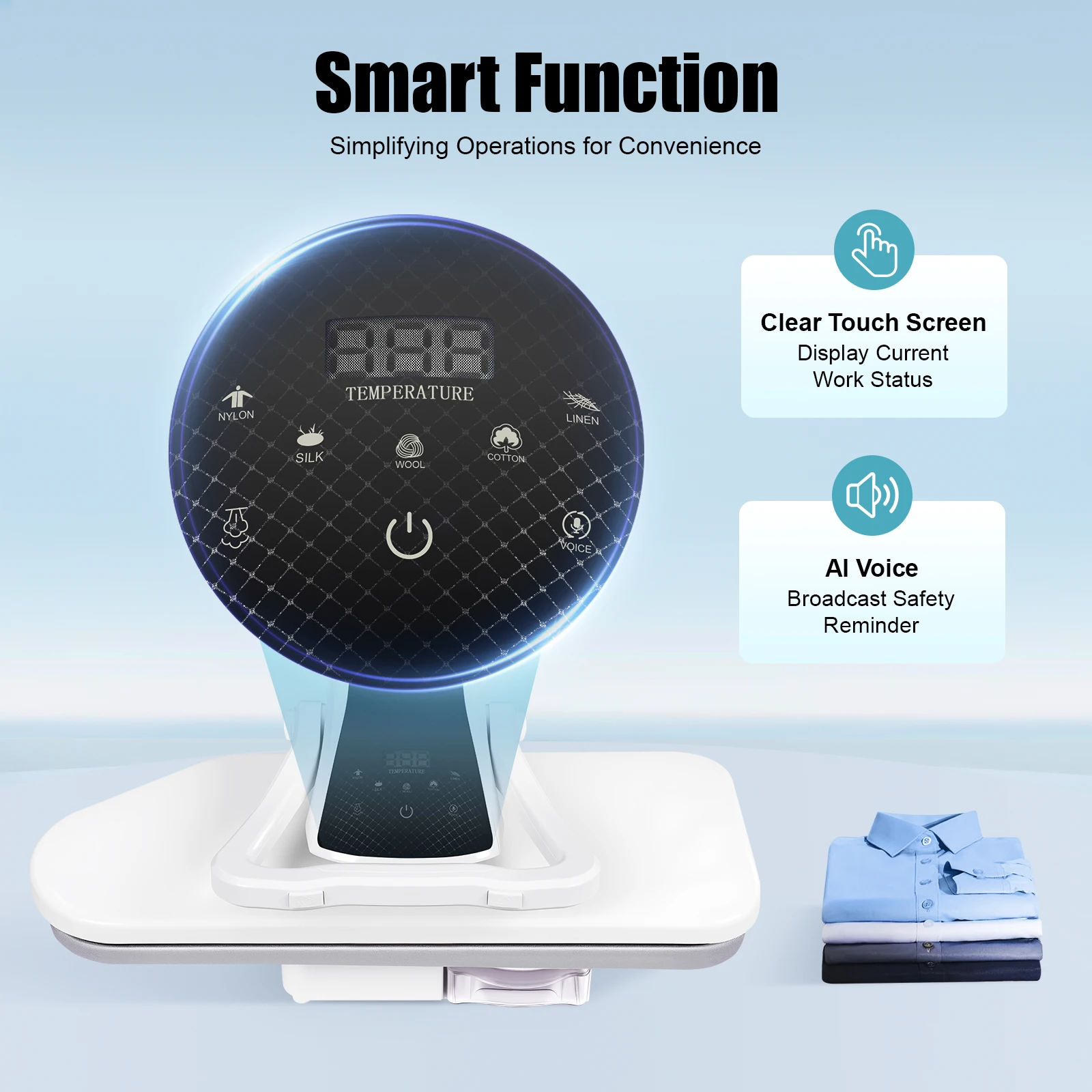 مكبس بخاري ذكي مع شاشة لمس شفافة، كي احترافي لصفائح الملابس والنايلون والحرير والصوف والقطن والكتان