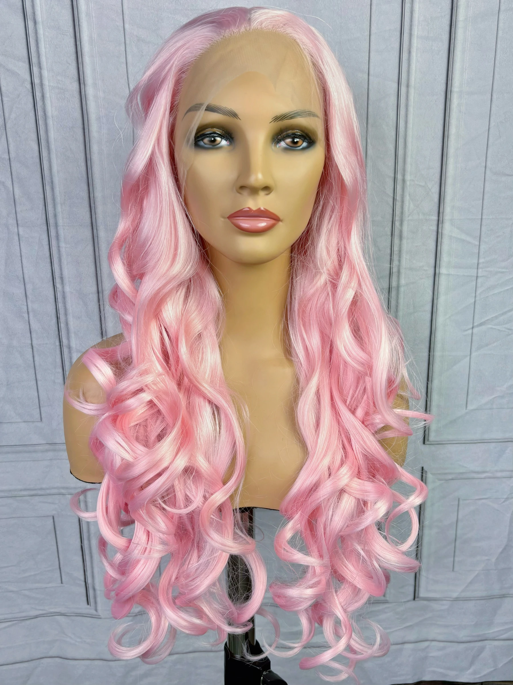 Pink Long Wave Wigs Synthetic Transparent Lace Front Wigs 180Density Heat Resistant For Women\'s Daily Party Cosplay Use Wavy Wig