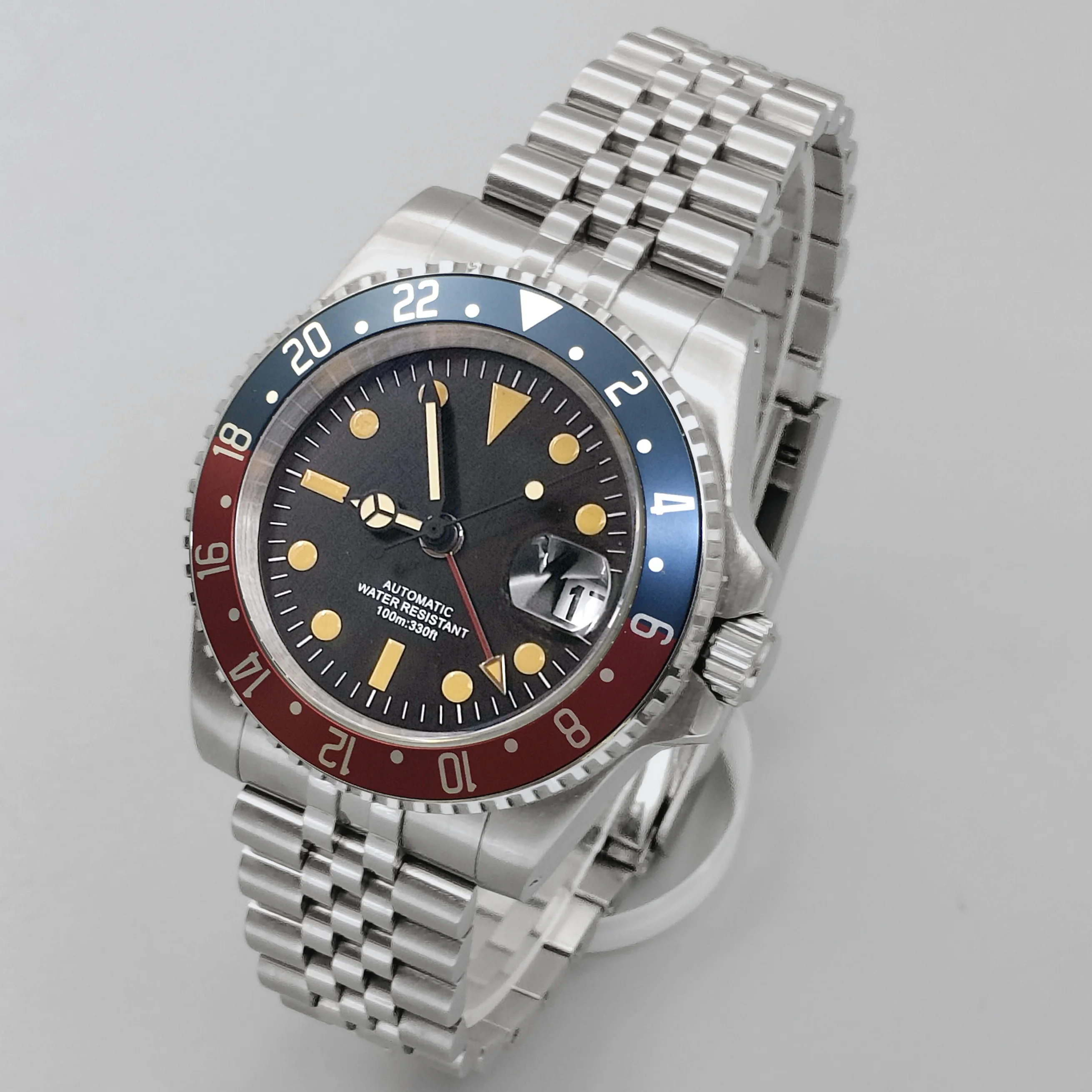 BLIGER 40mm Luxury Vintage GMT Men\'s Wristwatch Red Blue Bezel Sapphire Glass Luminous Dial 100m Waterproof Date Stainless Steel