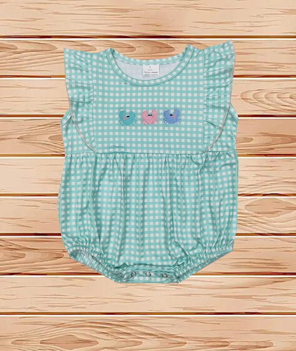 

3.29 Wholesale western boutique onesies Newborn toddler Embroidery Baby Infant Girls Green Checkered Crabs Rompers