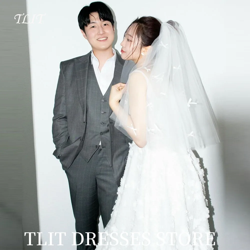 

TLIT Elegant White A-Line Wedding Dress Floral Appliques Prom Gowns Korea Bridal Dress Photos Shoot Customized Backless Gowns