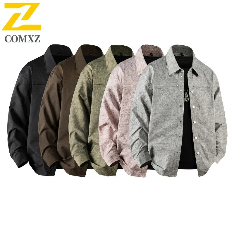 

COMXZ 2025 New Workwear Puff Check Tie Dye Washed Shirt Collar Jacket Men Stand Collar Moto outdoor Coat lightweight windbreaker