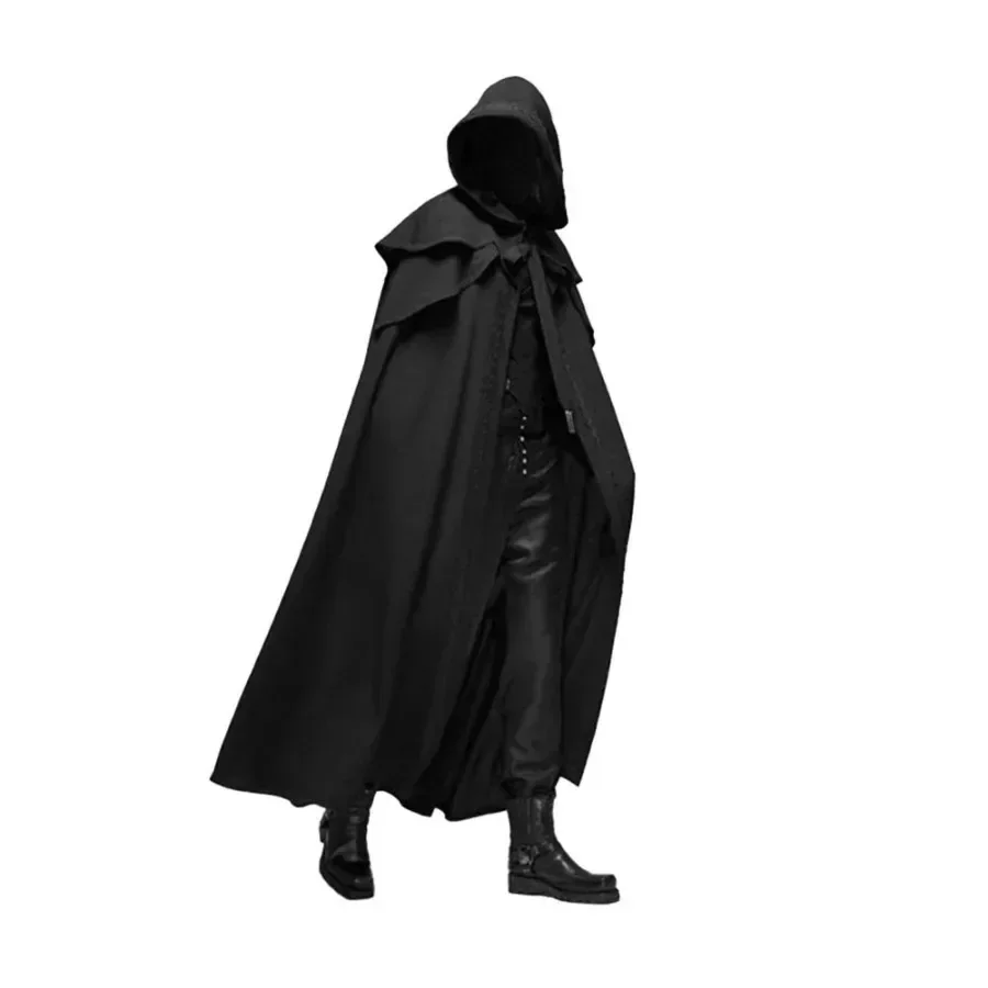 Medieval Vintage Hooded Loose Black Cloak Coats Windproof Trench Chic Winter Long Cape Poncho Mens Cosplay Assassin Wizard Cloak - view 3
