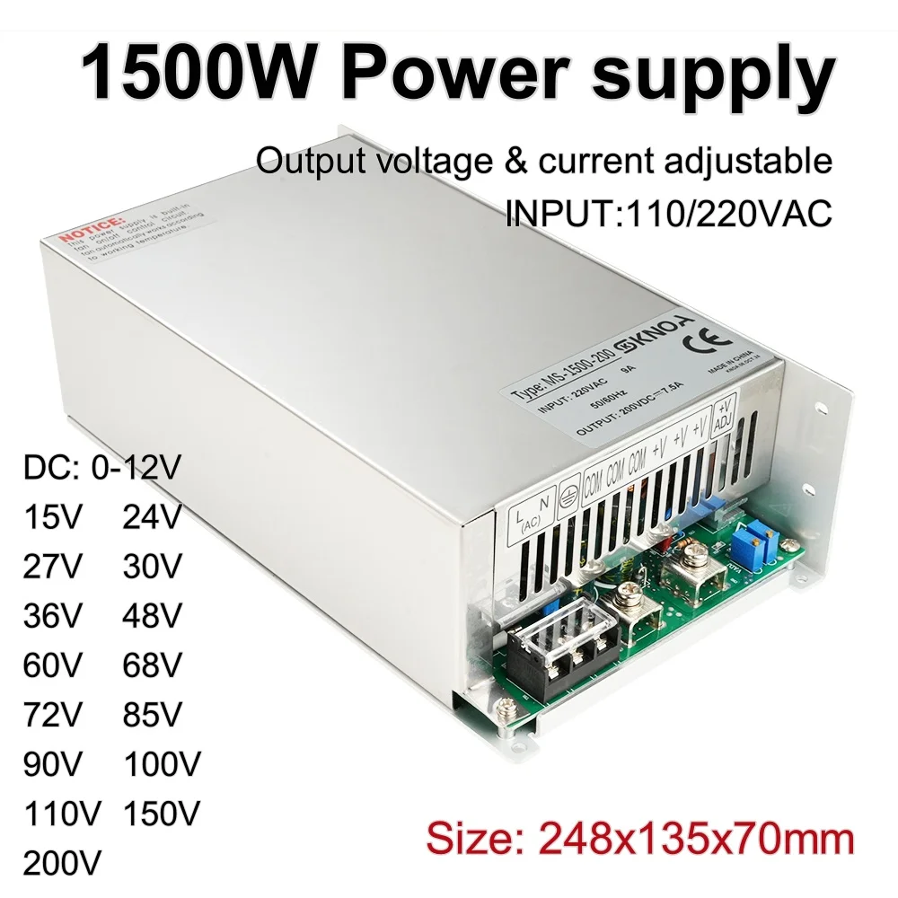 

Switching Power Supply MS-1500W 110V/220V AC To DC 12V 13.5V 15V 24V 36V 48v 60V 72V 80V 110V 150V 220V Voltage Adjustable SMPS