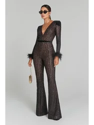 Sexy V Neck Long Sleeve Feathers Lace Jumpsuit Women Black Sequins With Belt Flare Jumpsuit Elegant Evening Party Jumpsuit