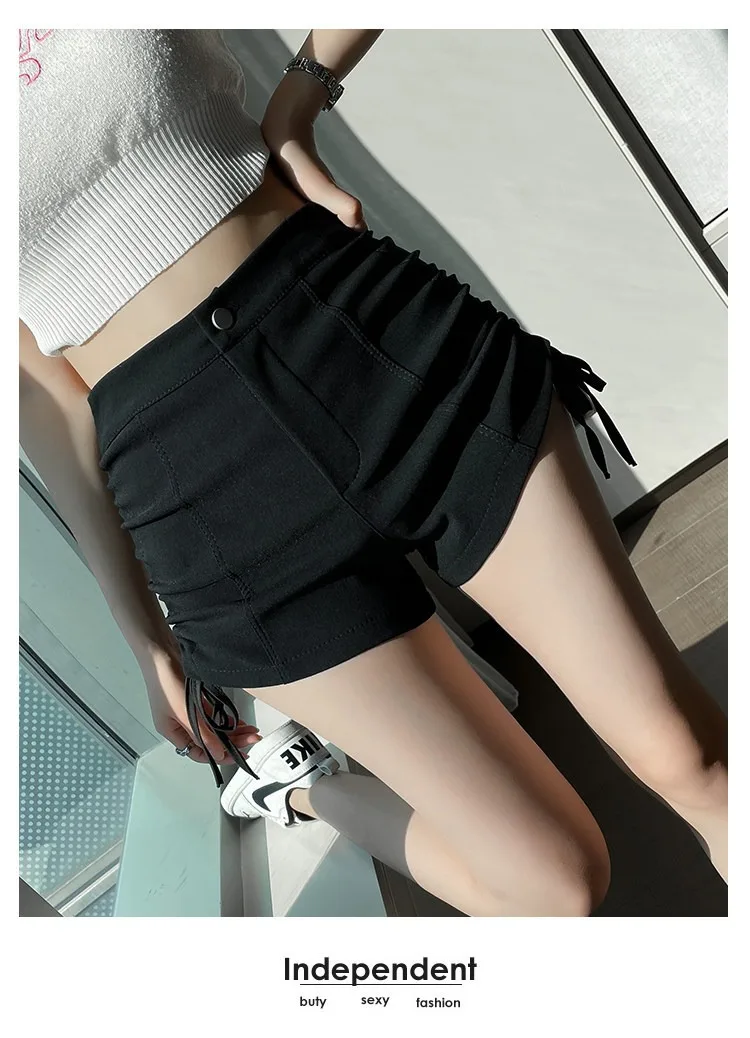 2026 Neue Frühjahr-Herbst Damen Schwarze Casual-Shorts mit seitlichem Kordelzug-Design, petite-freundlich, schlankmachend, schmeichelhaft, Outdoor-Streetwear-Shorts – Detail 10