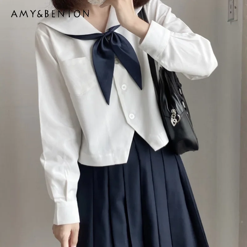 

Japanese JK Uniform Basic Preppy Style Sailor Collar Summer Short Sleeves Solid Color Slim Pocket Single Breasted Top For Girls