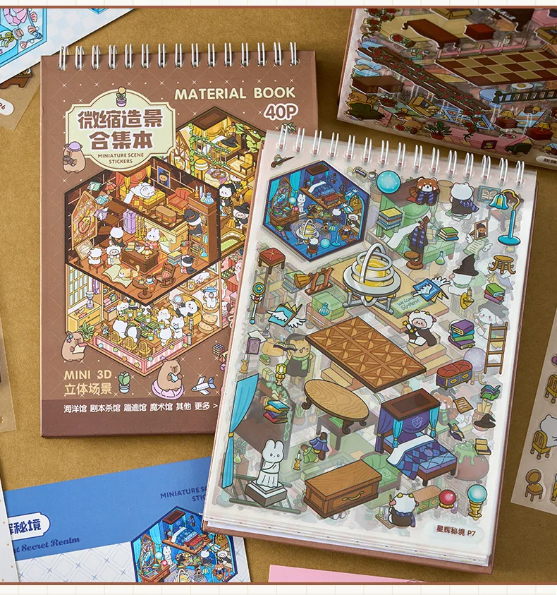 3D Miniature Scene Sticker Book, 40pcs/bag Micro Landscape Decals for DIY Dollhouse Journal Scrapbooking Creative Gifts