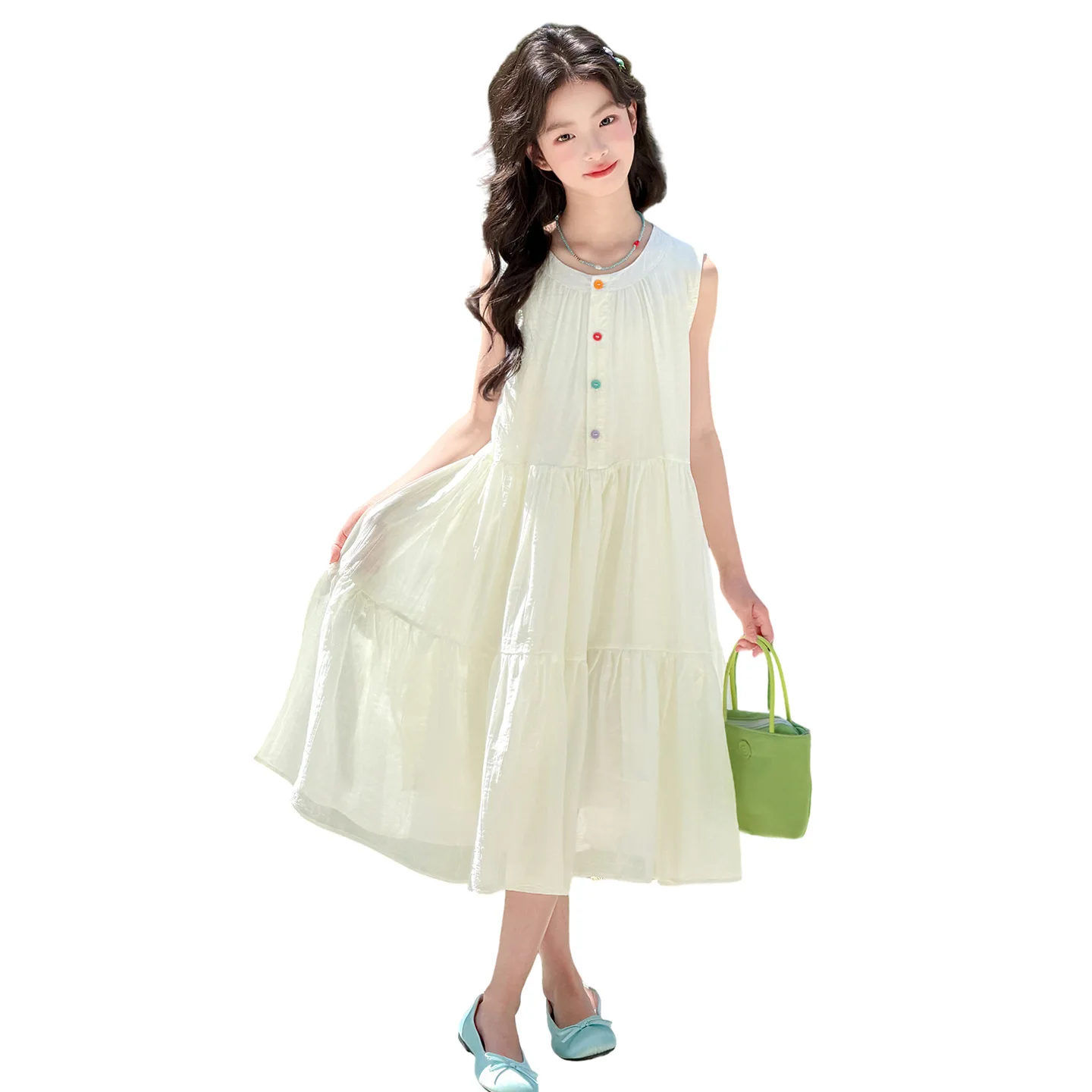 Girls Summer Sleeveless Vest Dress Thin Princess Skirt Cotton Blend Fabric Sweet Fresh Style for Middle School Girls