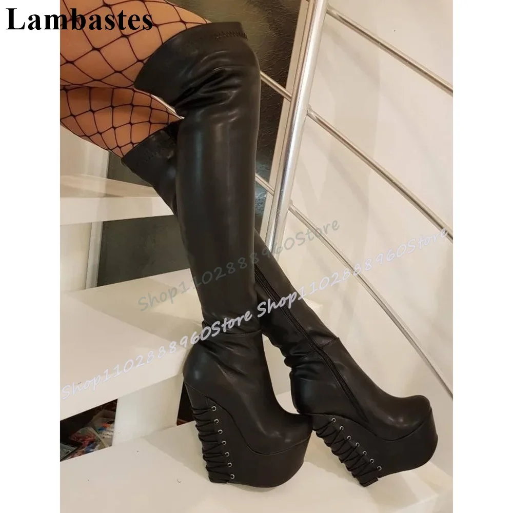 

Over The Knee Black Leather Cross Tied Platform Boots Wedges High Heel Shoes For Women Side Zipper Round Toe Sexy Casual Boots