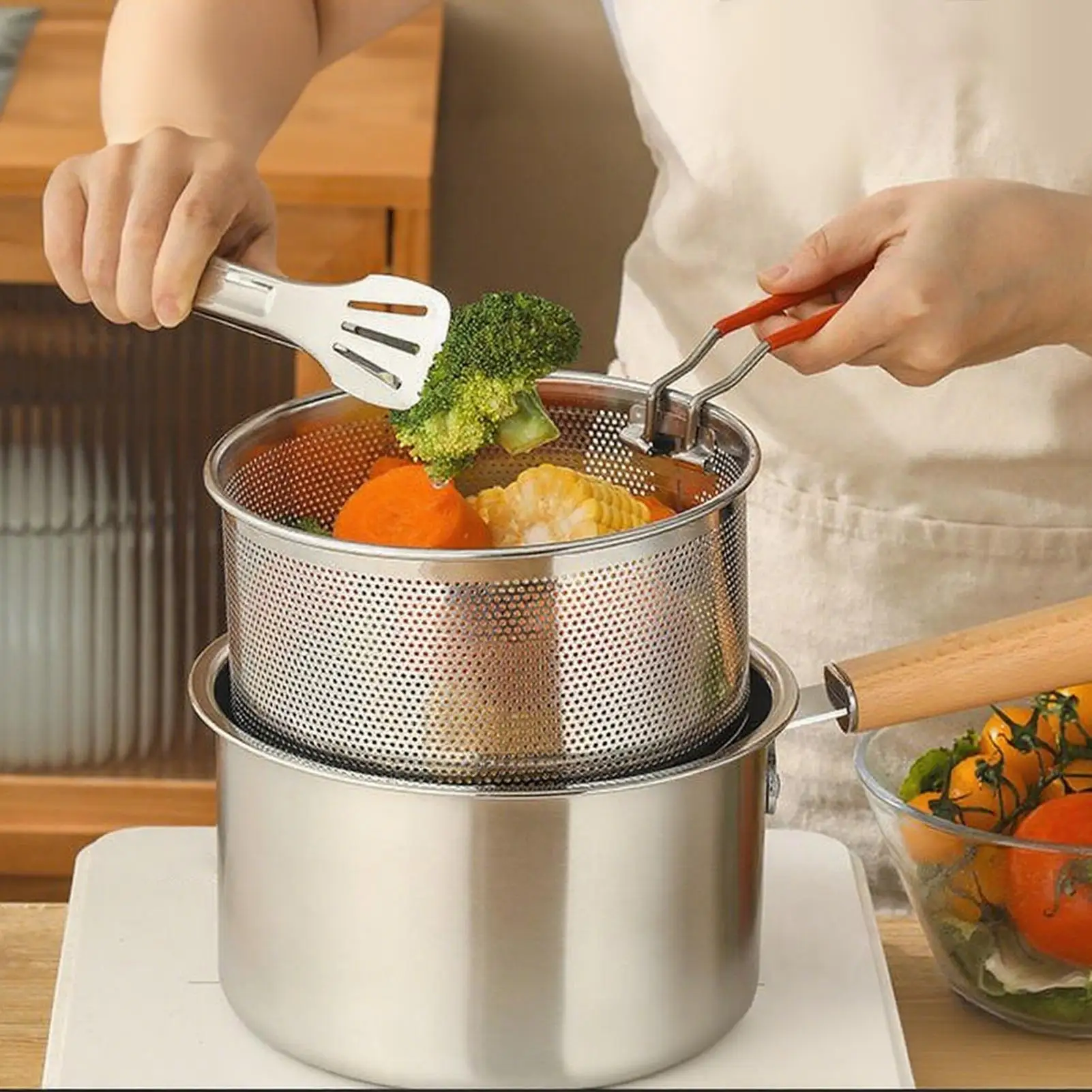 

Горшок для фритюрницы Кастрюля для жарки из нержавеющей стали с корзиной и крышкой Пищевая фритюрница Многофункциональная кастрюля для жарки картофеля фри