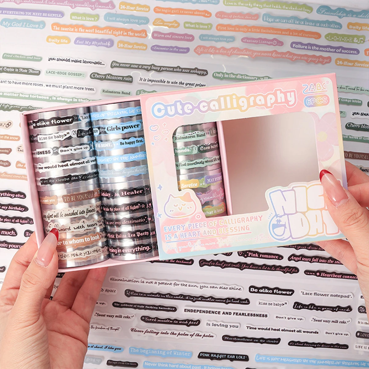 6 rolls/box, cute calligraphy masking tape is suitable for brochures, photo albums, and exquisite gift packaging decoration