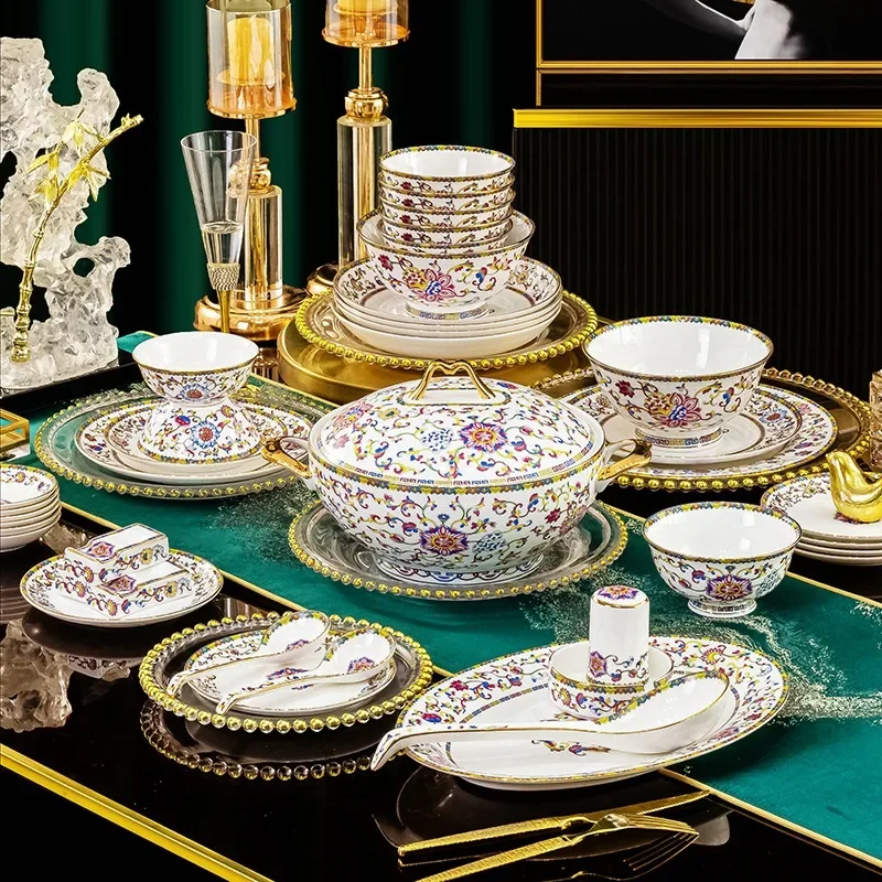 O18- tableware bowls and plates jingdezhen palace style enamel bowls and plates set
