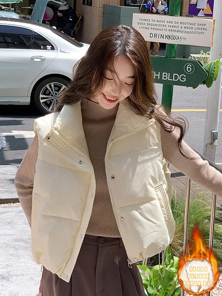 

Faionable Thiened Bread Sle down Cotton Vest Women's Outerwear ort Jaet Stand Collar Zipper Design Regular Length