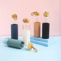 500ml Glass Water Bottle with Heat-resistant Silicone Sleeve Small Mouth Portable Leak-proof Drinking Bottles with Handle Cup