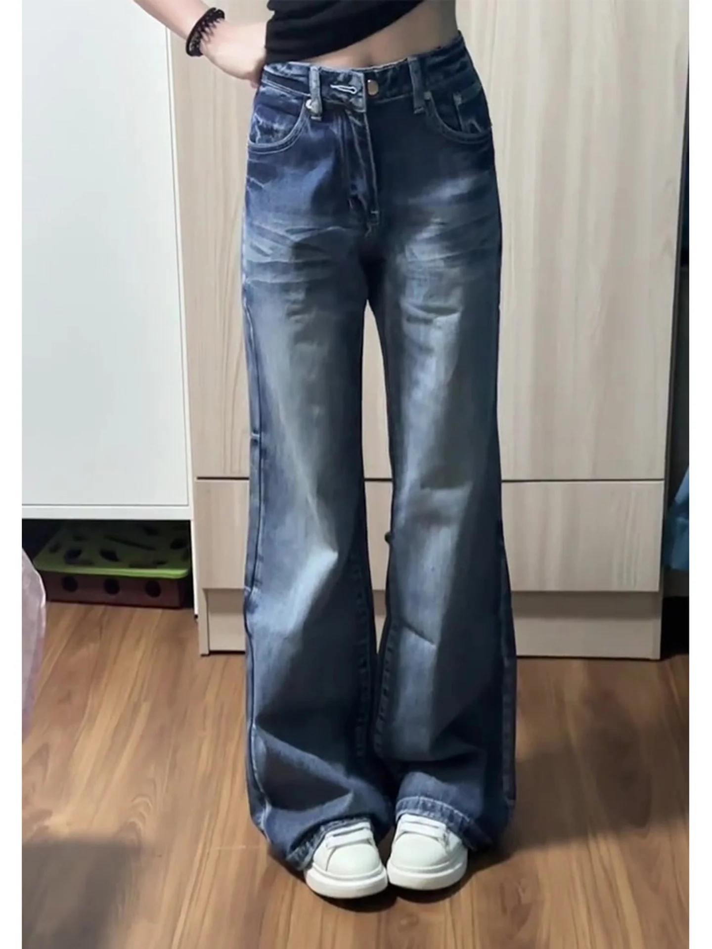 กางเกงยีนส์ทรงขากระดิ่งเอวสูงสำหรับผู้หญิง ไซส์พลัส ฤดูใบไม้ร่วง ฤดูหนาว รุ่นใหม่ สไตล์เรโทร สีซีด ลุคสบายๆ ทรงขากว้าง