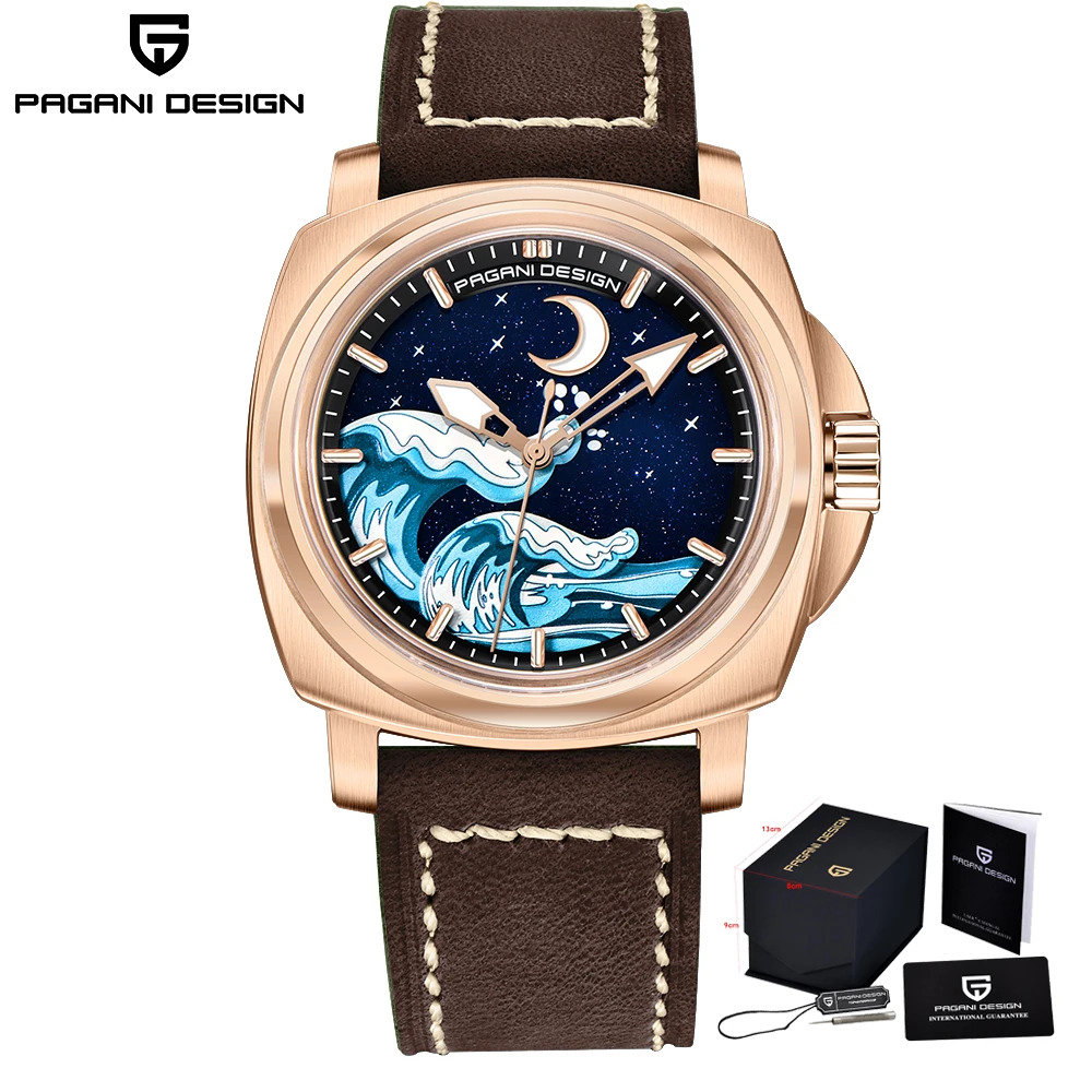 PAGANI DESIGN automatische mechanische Herren-Armbanduhr TMI NH35A, Saphirglas, Wellen und Mondglanz, C3-Lumen-Zifferblatt PDYS014 3