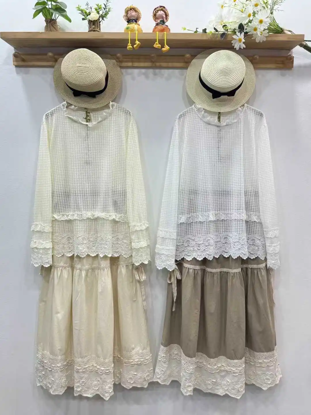 

Mori kei clothing Japan style yellow white blue lace patchwork shirts and blouses for women cotton long sleeve tops