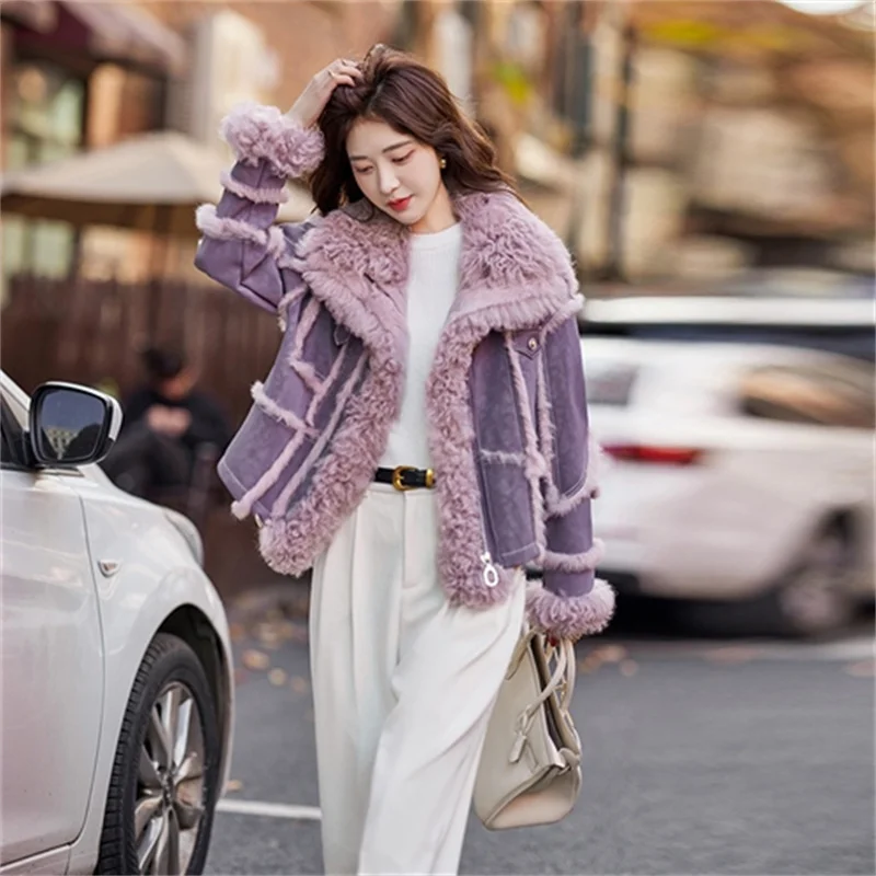 2026 Double-faced Suede Rabbit Fur Coat Women's Wool-neck Short Jacket Autumn Winter Spliced Zip-up Loose Streetwear Outerwear