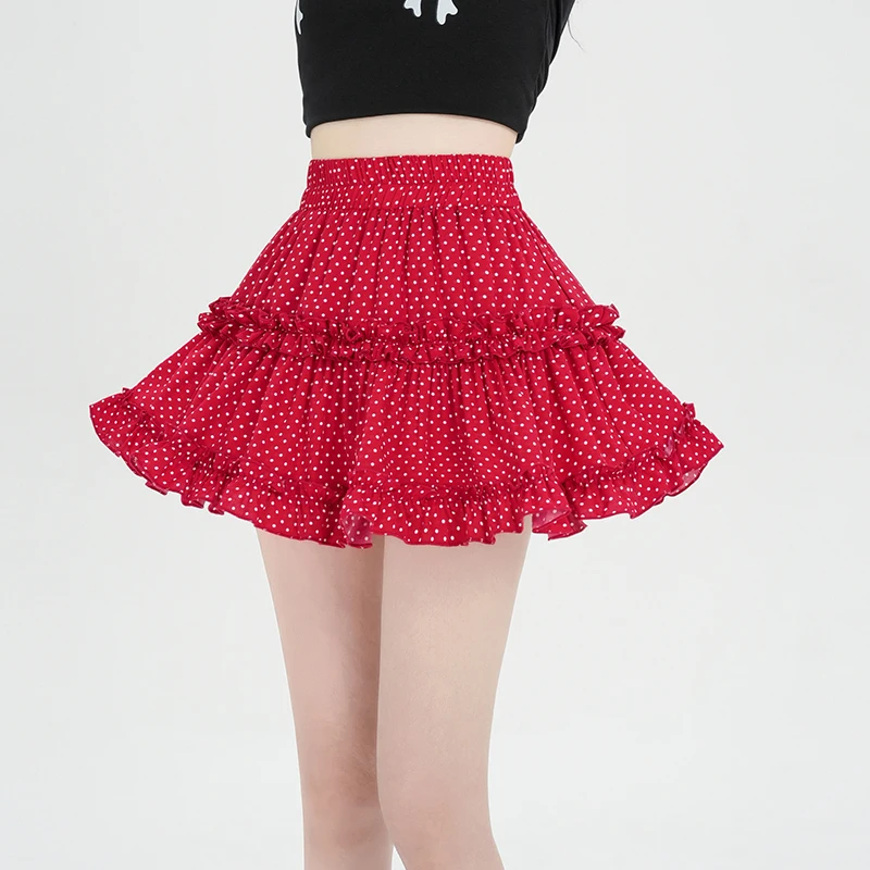 Girls' Sweet Polka Dot Skirts Spring Summer Petite Flare Short Skirt Y2K Ruffled Trim Elastic Waist Cute A-Line Mini Skirt