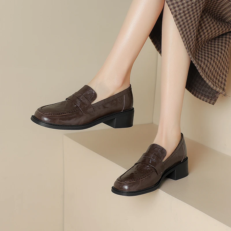 2024 New Sheepskin Women Shoes Round Toe Chunky Heel Women Pumps Shoes for Women Deep Mouth Loafers Low Heels Ladies Shoes
