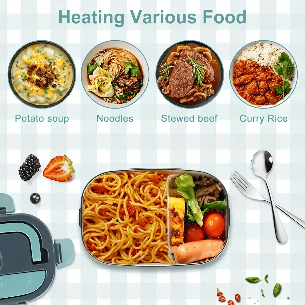 Portable Electric Lunch Box Food Heater Heating Lunch Box For Cars And Homes Stainless Steel Container Fork And Spoon And Portab