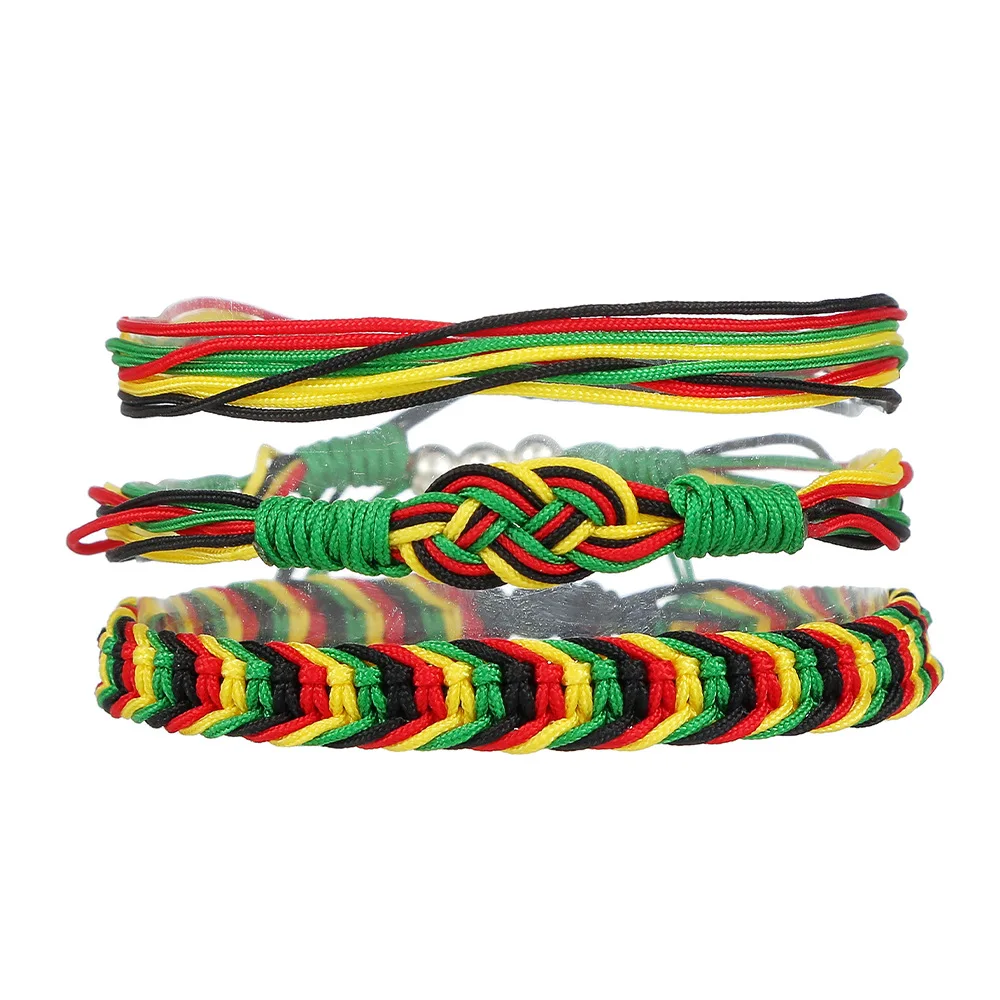 Rasta Striped Macrame Wrap Wristband Bracelets Set - 3pc/Pack - Rasta Colors Friendship Bracelets Cotton Vegan Bohemian Style