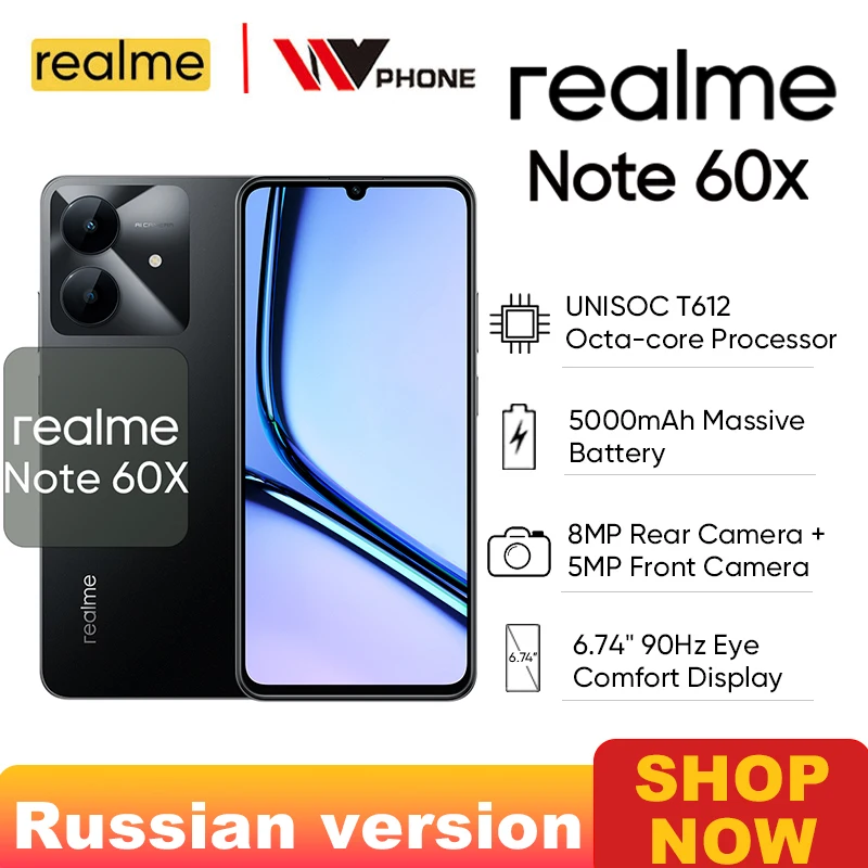 [New] realme Note 60x Smartphone Russian Version 6.74'' 90Hz Display 5000mAh Battery IP54 Powerful Octa-core Chipset 3GB+64GB