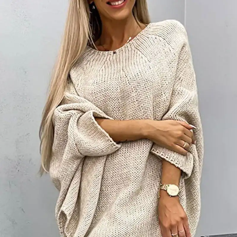 Women’s Sweater Tops Casual Knitted Long Sleeve Cape Sweater Solid Color Knitted Pullover Cape Round Neck Shawl Crochet Sweater