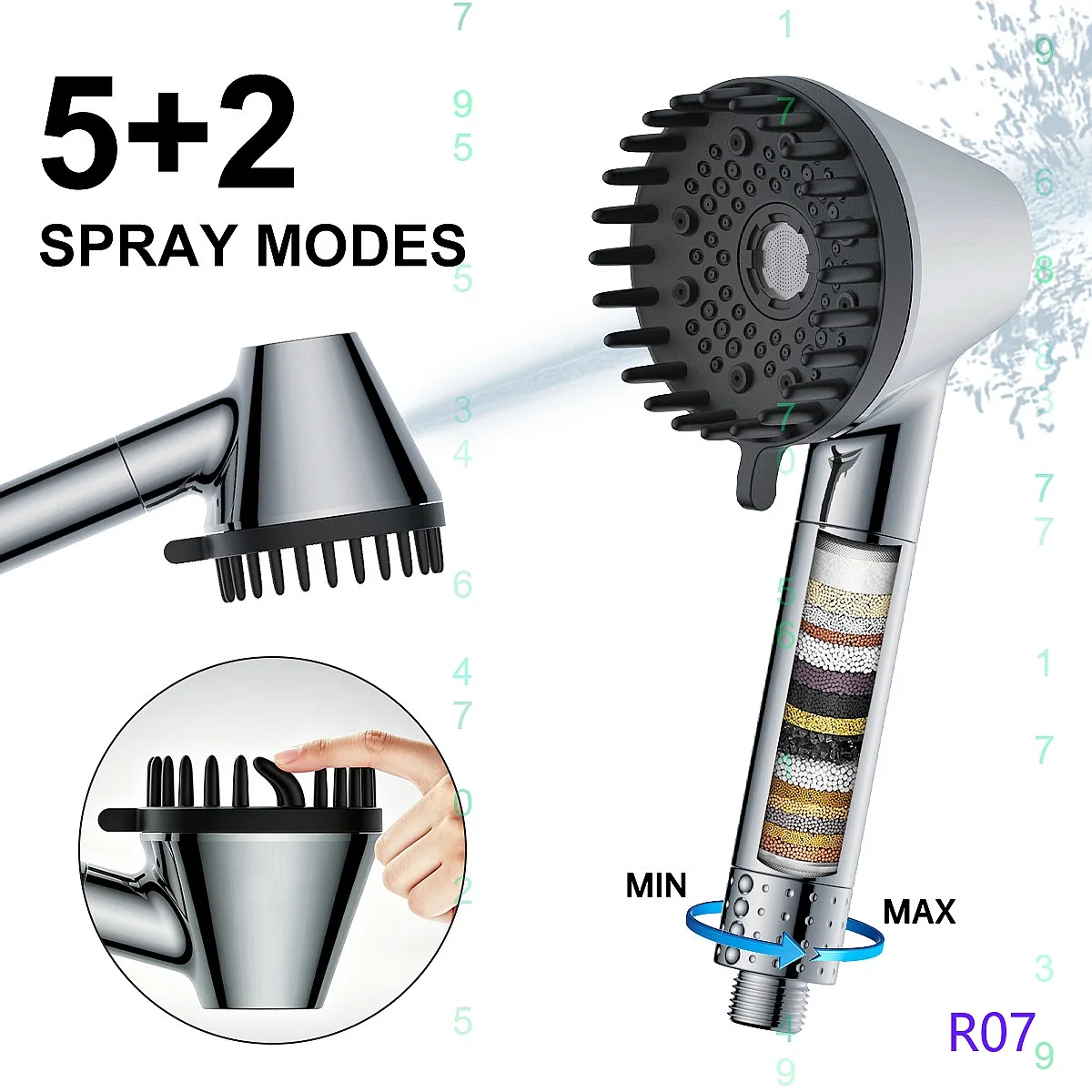 5+2 Function Magnetic Filter Shower Head with Handheld Spray Gun for Massage