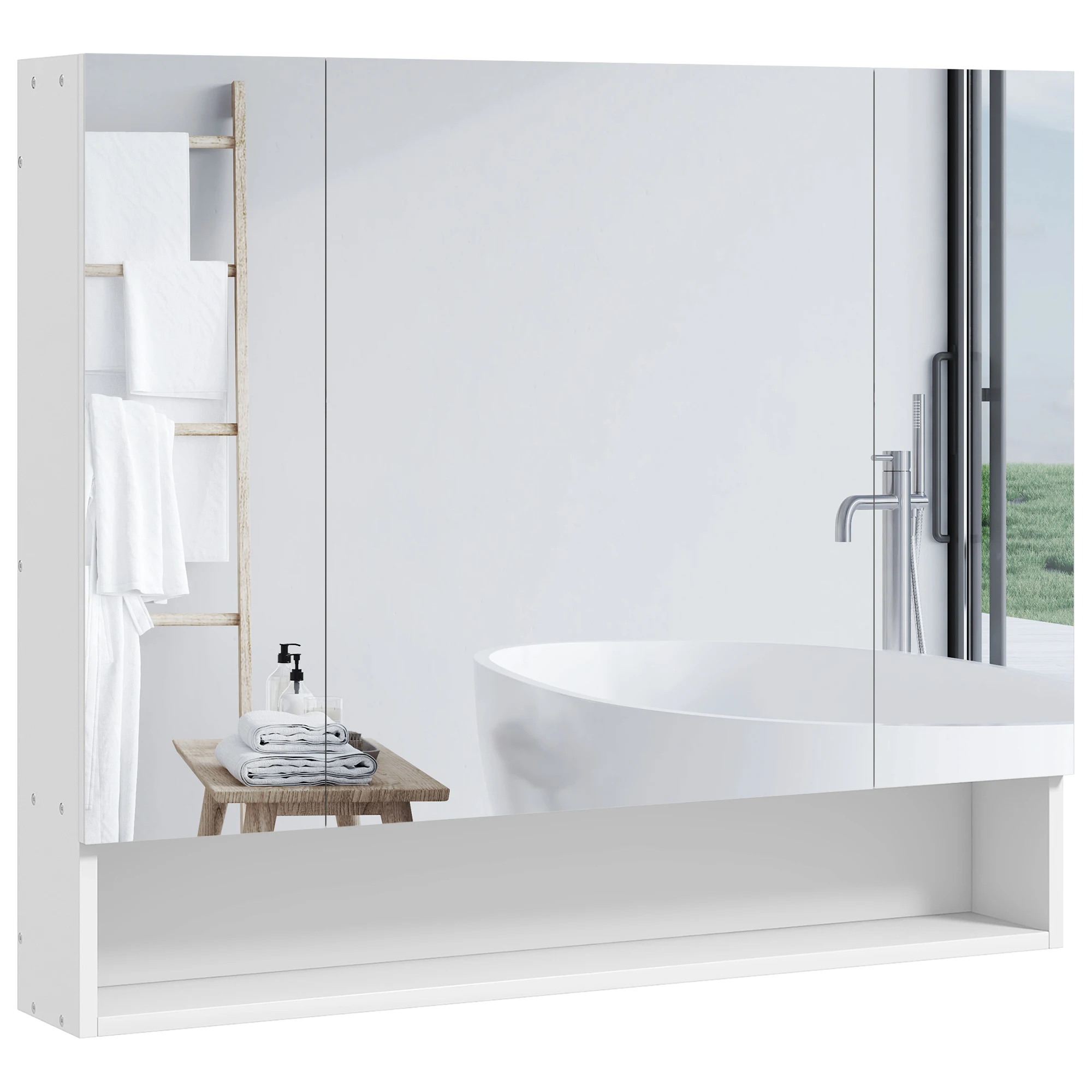 Armadietto da bagno Kleankin con specchio, 90x15x75 cm, mobile da bagno, armadietto WC con 3 ante a specchio, apertura regolabile e ripiani, Bianco