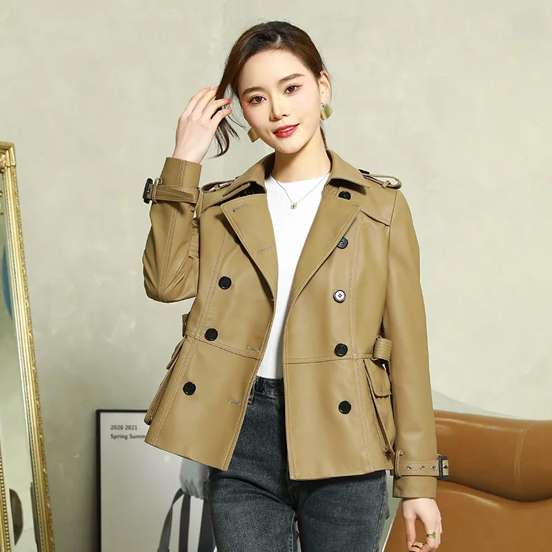 Sheepskin Coat Women's Sheepskin Autumn Motorcycle Lapel Epaulettes Pocket Khaki Short Slim Leather Jacket Chaqueta Cuero Mujer