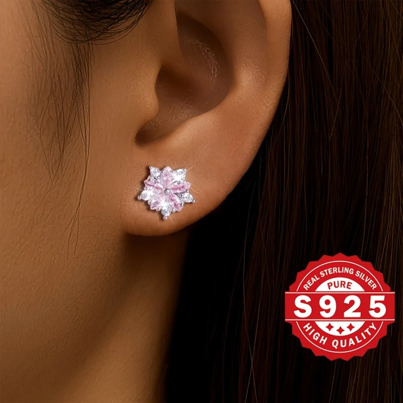 

S925 women's characteristic pink cherry blossom earrings, small and fresh female jewelry temperament earrings, low allergy