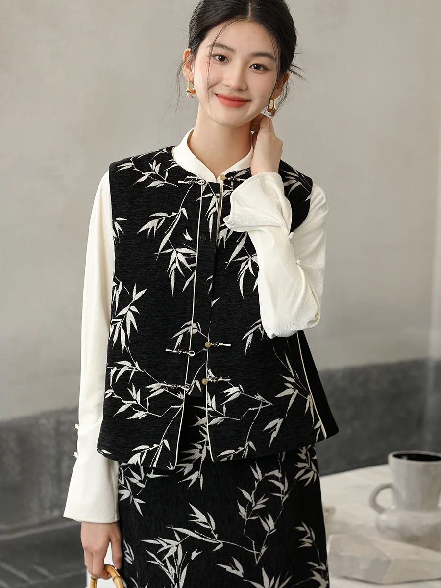 

Новый комплект 2025 года: китайская юбка и топ с вышивкой в стиле Ханьфу для женщин, осенне-зимний, с цветовыми блоками и жилетом