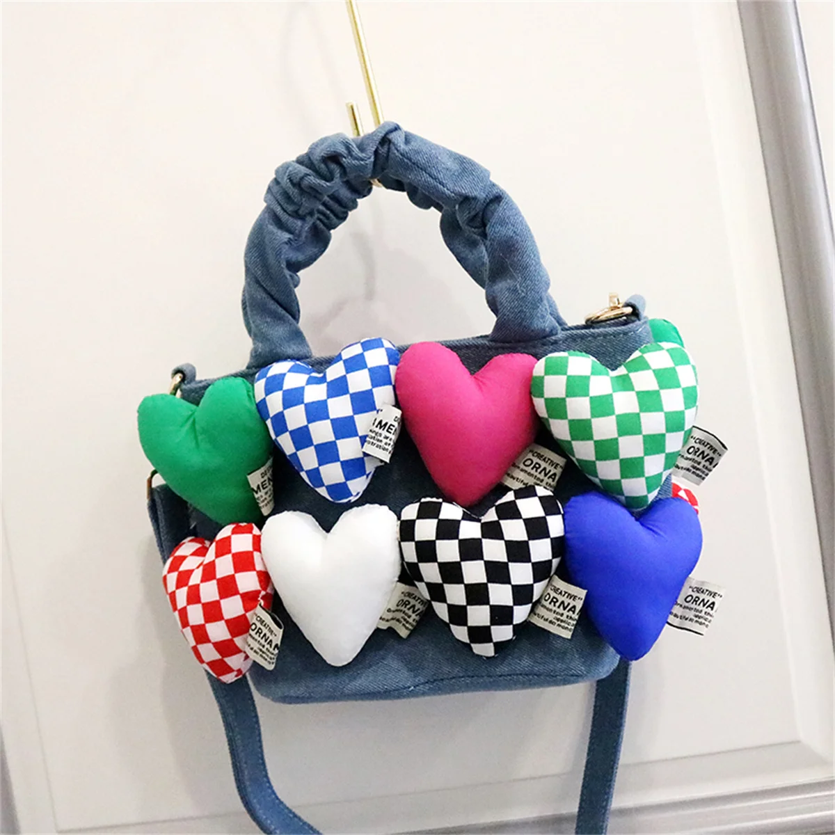 

Originality Leisure Style Bag Kawaii Girls Denim Grid Colour Love Square Magnets Button Handbag Shoulder Crossbody Bag